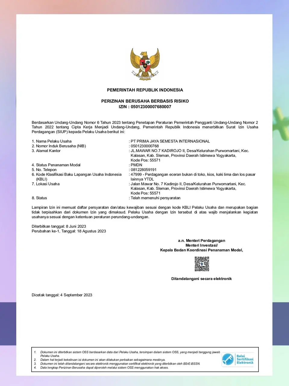 SIUP PT Prima Jaya Semesta Internasional